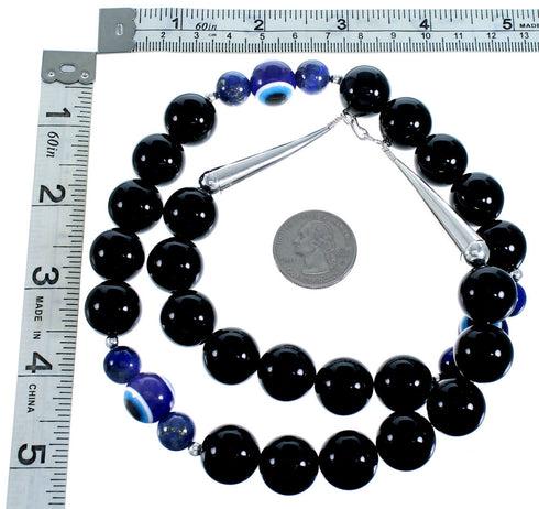 Sterling Silver Onyx And Lapis Evil Eye Bead Necklace SX114945